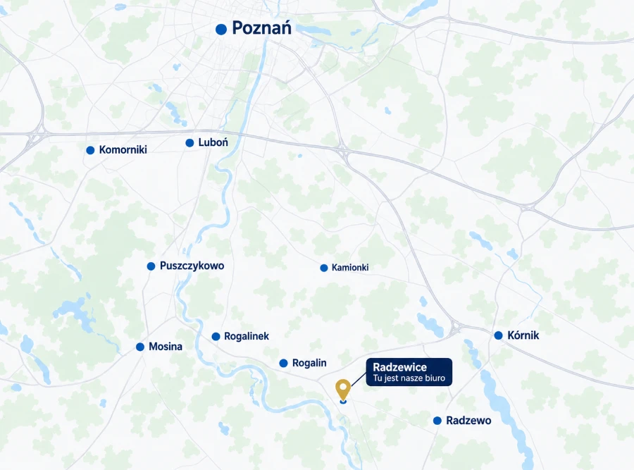 Mapa Poznania i okolic z wyróżnionymi miejscowościami obszaru obsługi oraz złotym znacznikiem Radzewic, gdzie mieści się nasze biuro.