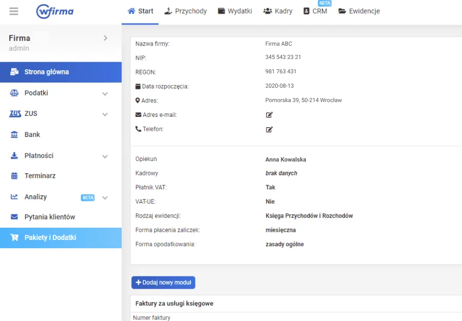 Panel wFirma z danymi firmy oraz menu podatków, ZUS i dokumentów